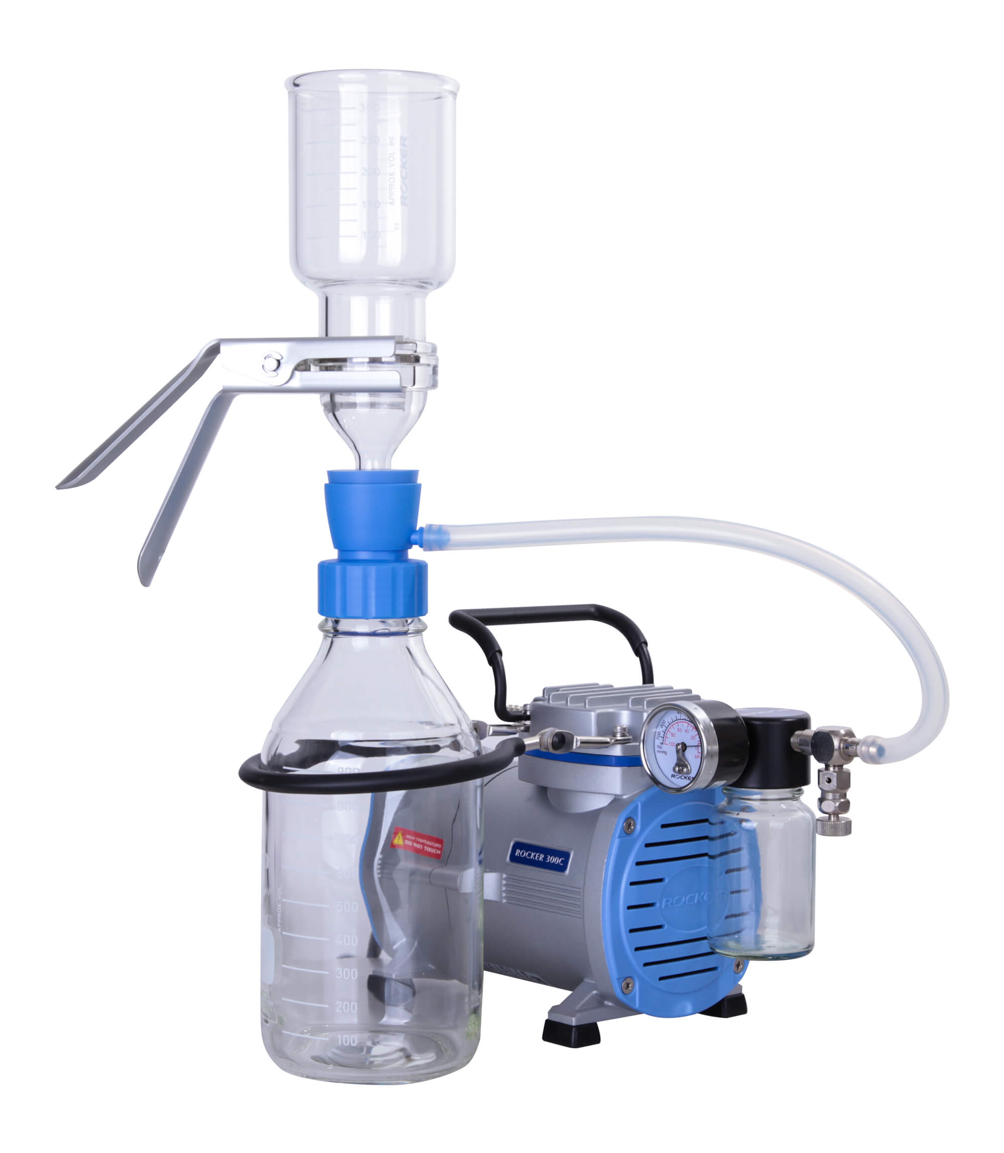a complete lab-scale solvent purification and solvent filtration system with vacuum pump, filtration funnels and flask