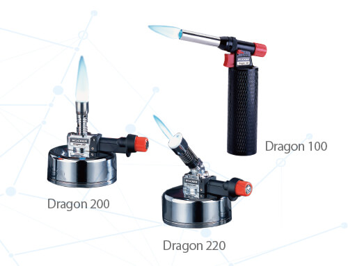 a combination of different types of common burners that can be found in laboratories, including a torch and 2 Bunsen burners.