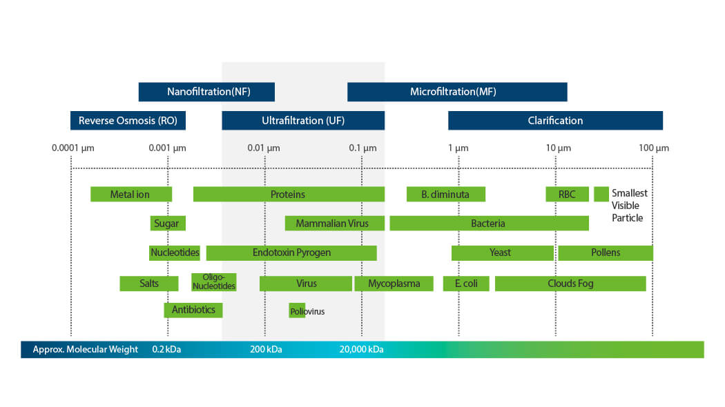 categories of filtrations by molecular weight including nanofiltration, microfiltration and ultrafiltration
